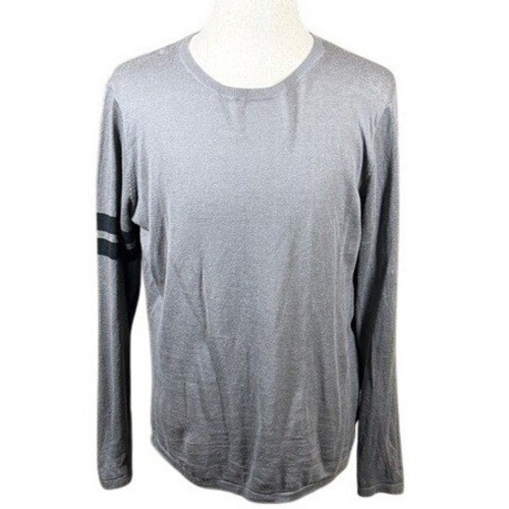 Five Four Mens Grey Linen Cotton Blend Striped Sleeve Crew Neck Sweater Size M